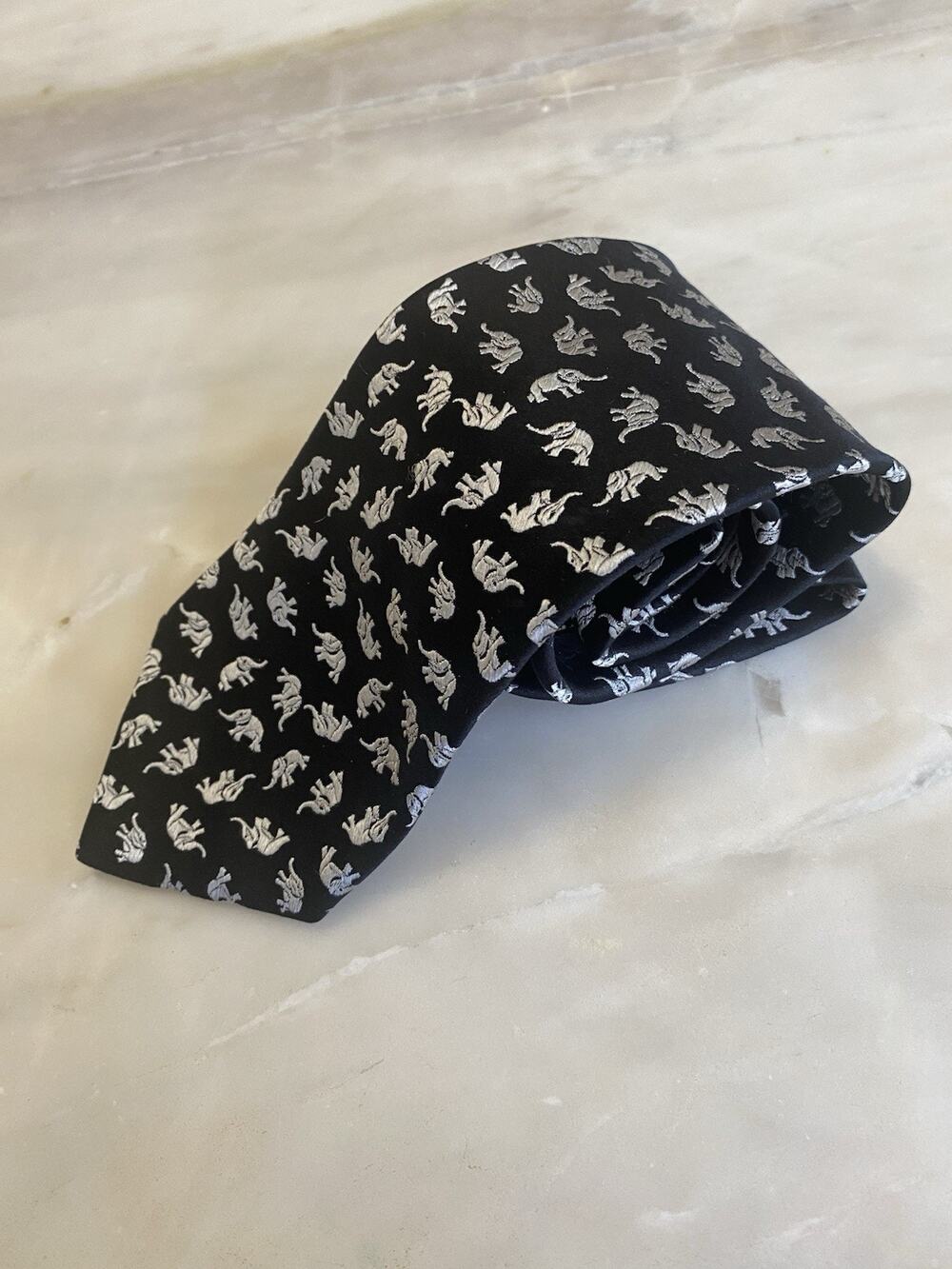 Charvet Paris Tie Woven Rockabilly Black Silver Elephant Silk Vtg/Rare